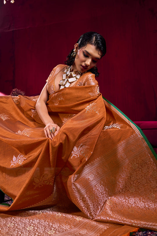 Varsha Rust Orange Satin Linen Handloom Weaving Silk Ready to Wear Saree