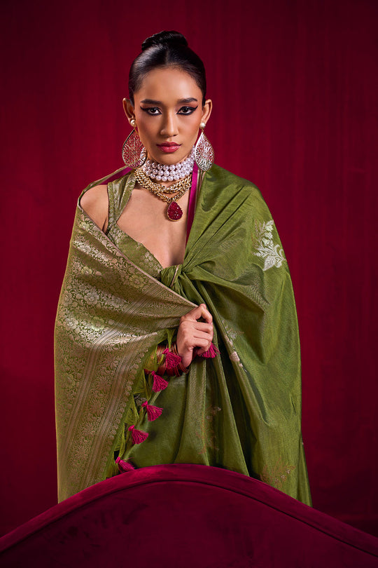 Varsha Olive Green Satin Linen Handloom Weaving Silk Ready to Wear Saree