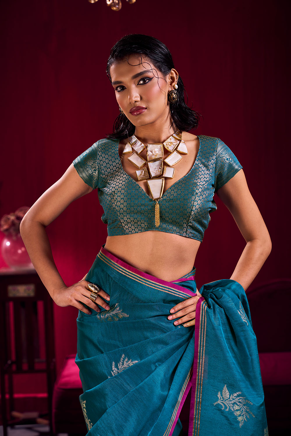 Varsha Teal Blue Satin Linen Handloom Weaving Silk Ready to Wear Saree