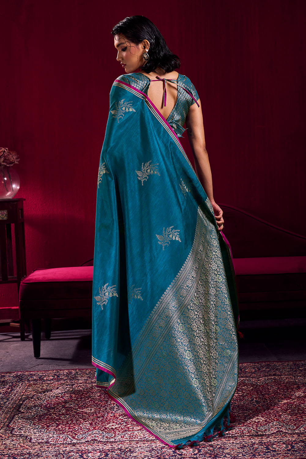 Varsha Teal Blue Satin Linen Handloom Weaving Silk Ready to Wear Saree