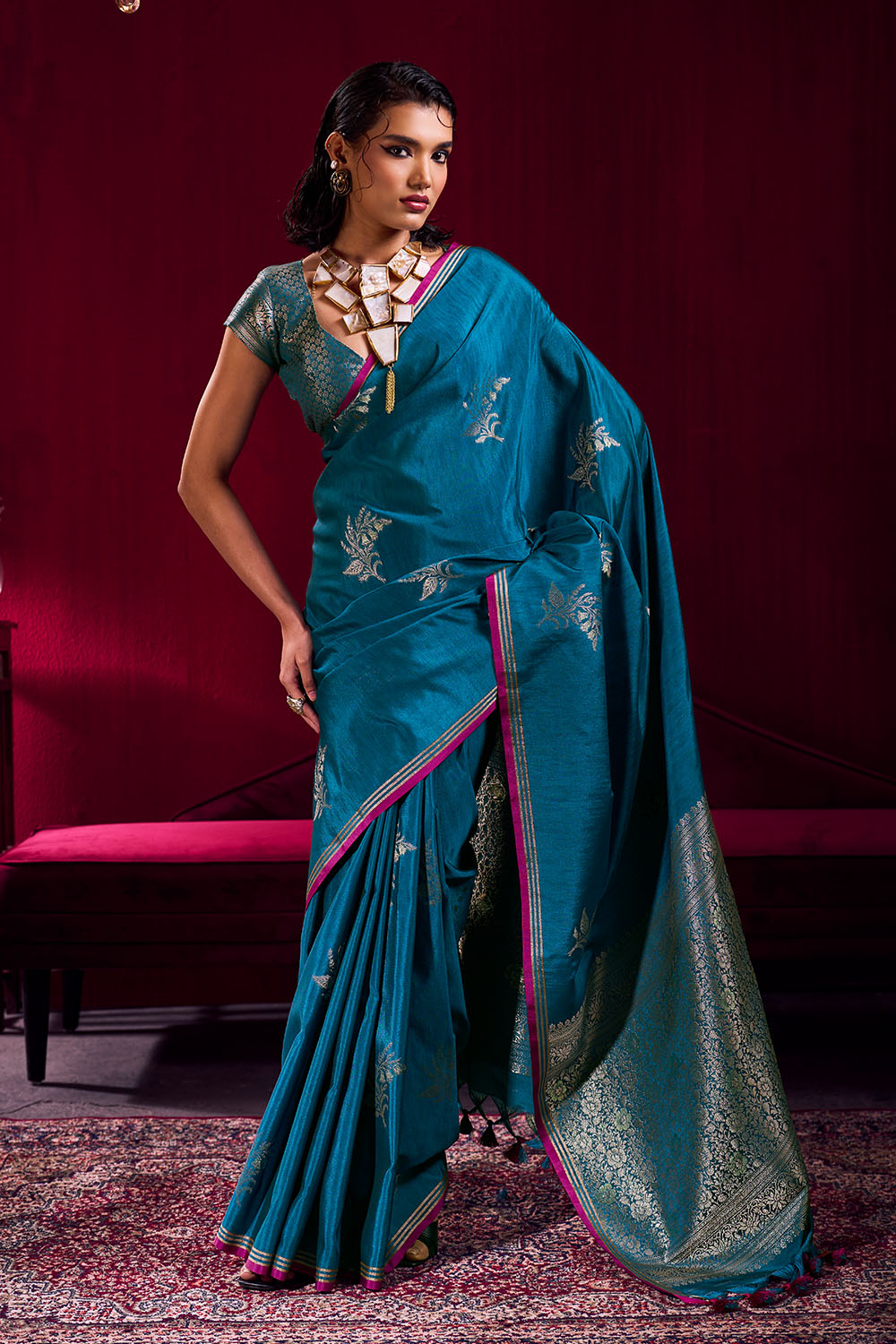 Varsha Teal Blue Satin Linen Handloom Weaving Silk Ready to Wear Saree