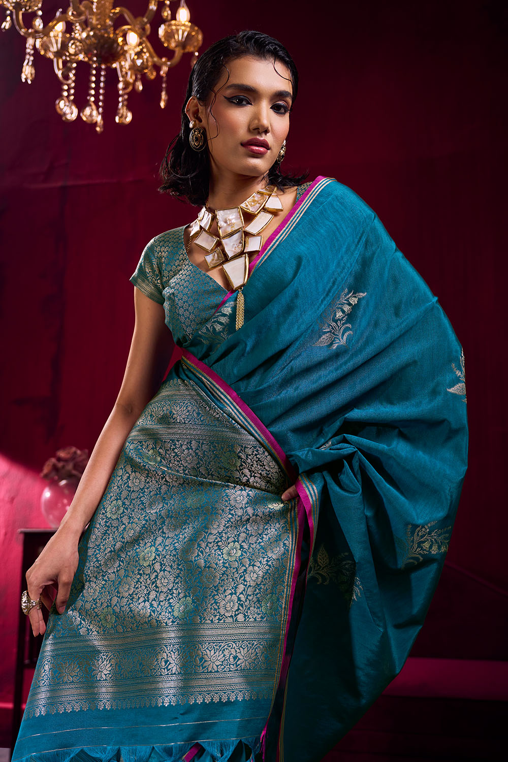 Varsha Teal Blue Satin Linen Handloom Weaving Silk Ready to Wear Saree