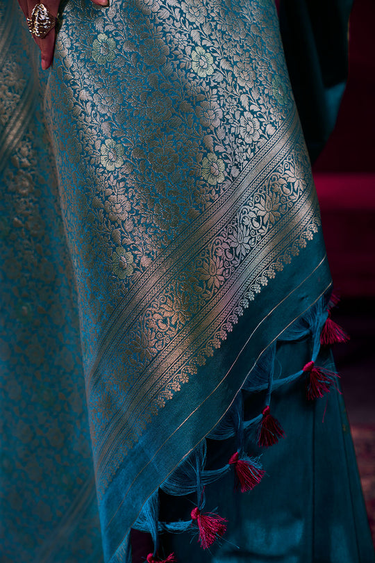 Varsha Teal Blue Satin Linen Handloom Weaving Silk Ready to Wear Saree