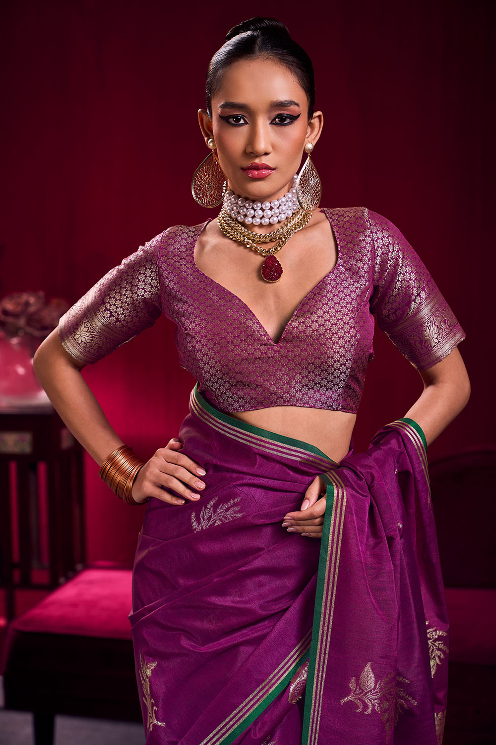 Varsha Dark Magenta Satin Linen Handloom Weaving Silk Ready to Wear Saree