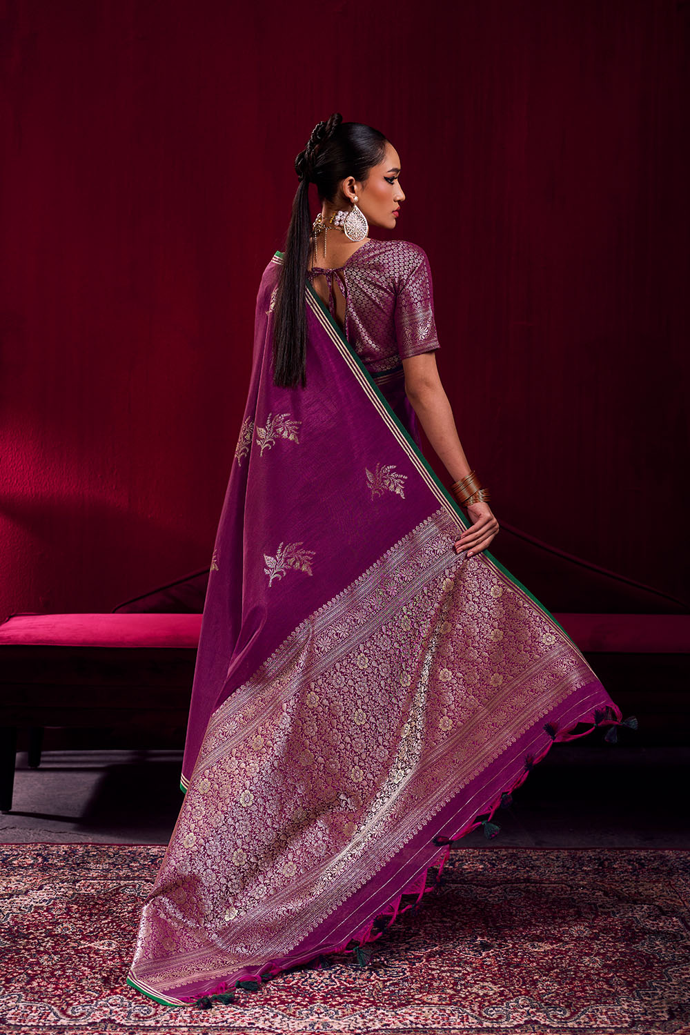 Varsha Dark Magenta Satin Linen Handloom Weaving Silk Ready to Wear Saree