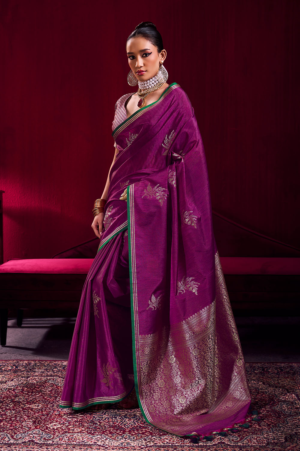 Varsha Dark Magenta Satin Linen Handloom Weaving Silk Ready to Wear Saree