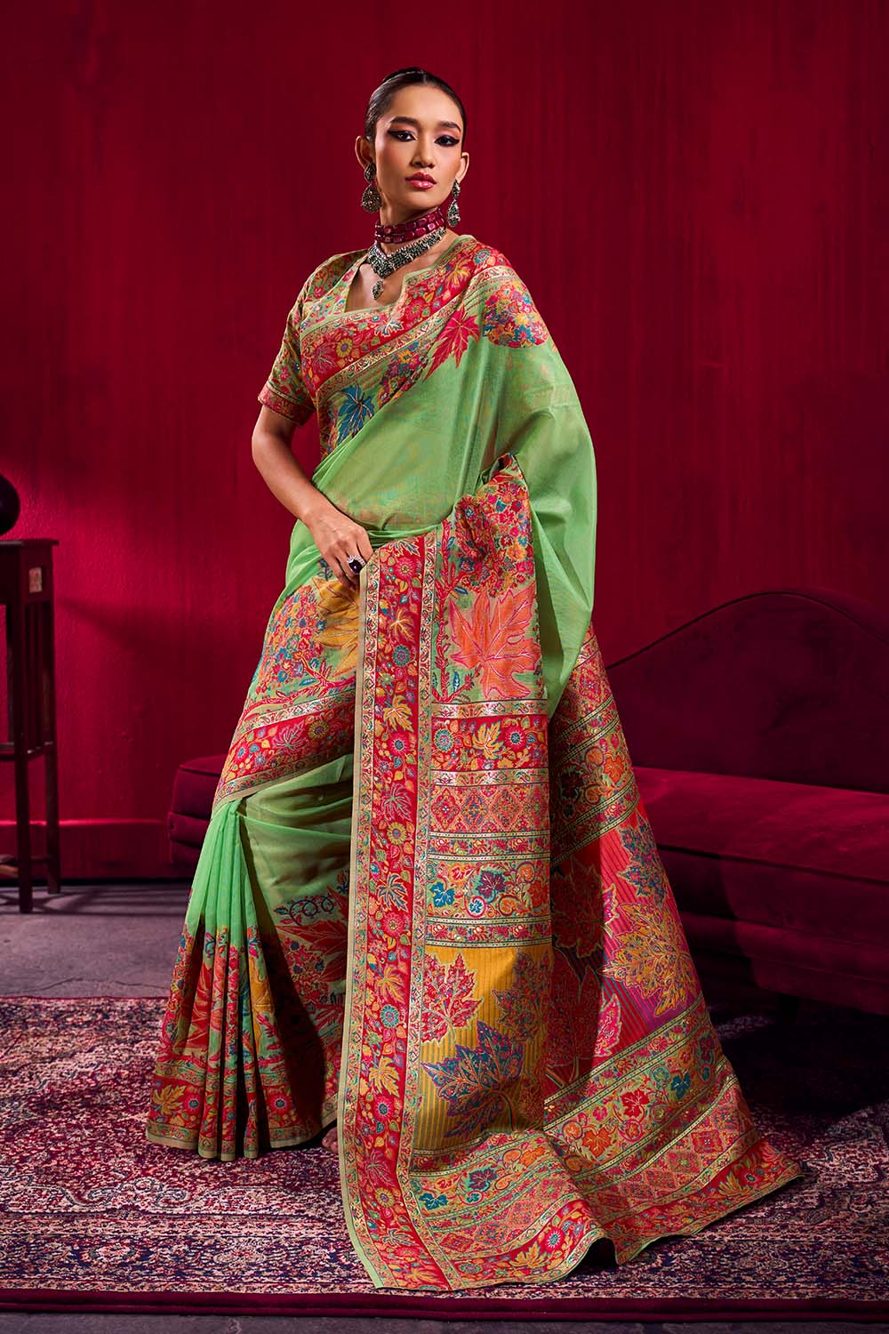 Nadine Pistachio Green Modal Cotton Pashmina Weaving Ready to Wear Saree