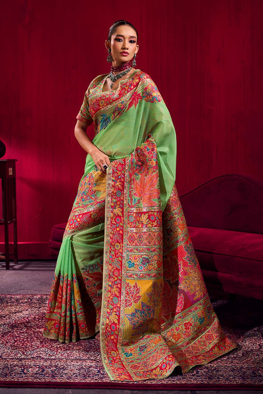 Nadine Pistachio Green Modal Cotton Pashmina Weaving Ready to Wear Saree