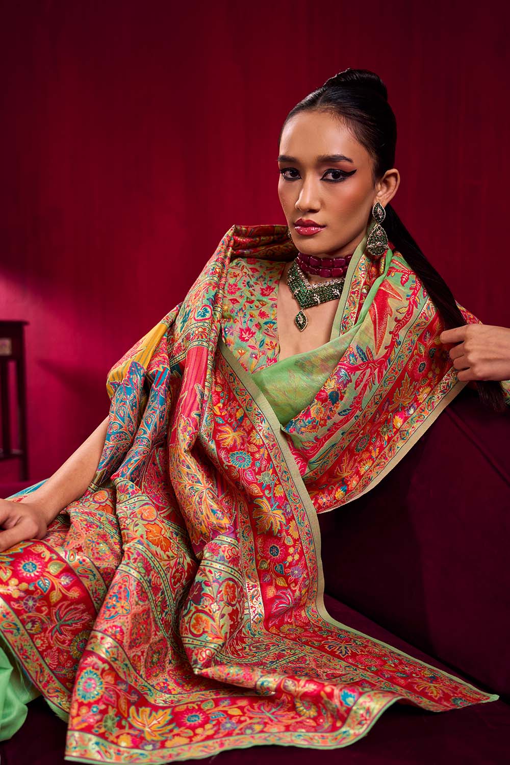 Nadine Pistachio Green Modal Cotton Pashmina Weaving Ready to Wear Saree