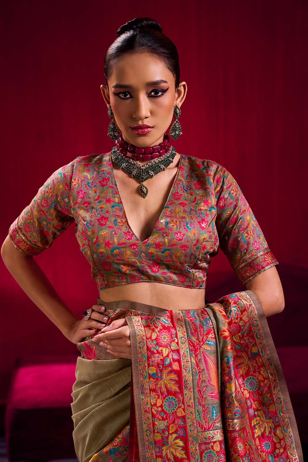 Nadine Grey Modal Cotton Pashmina Weaving Ready to Wear Saree