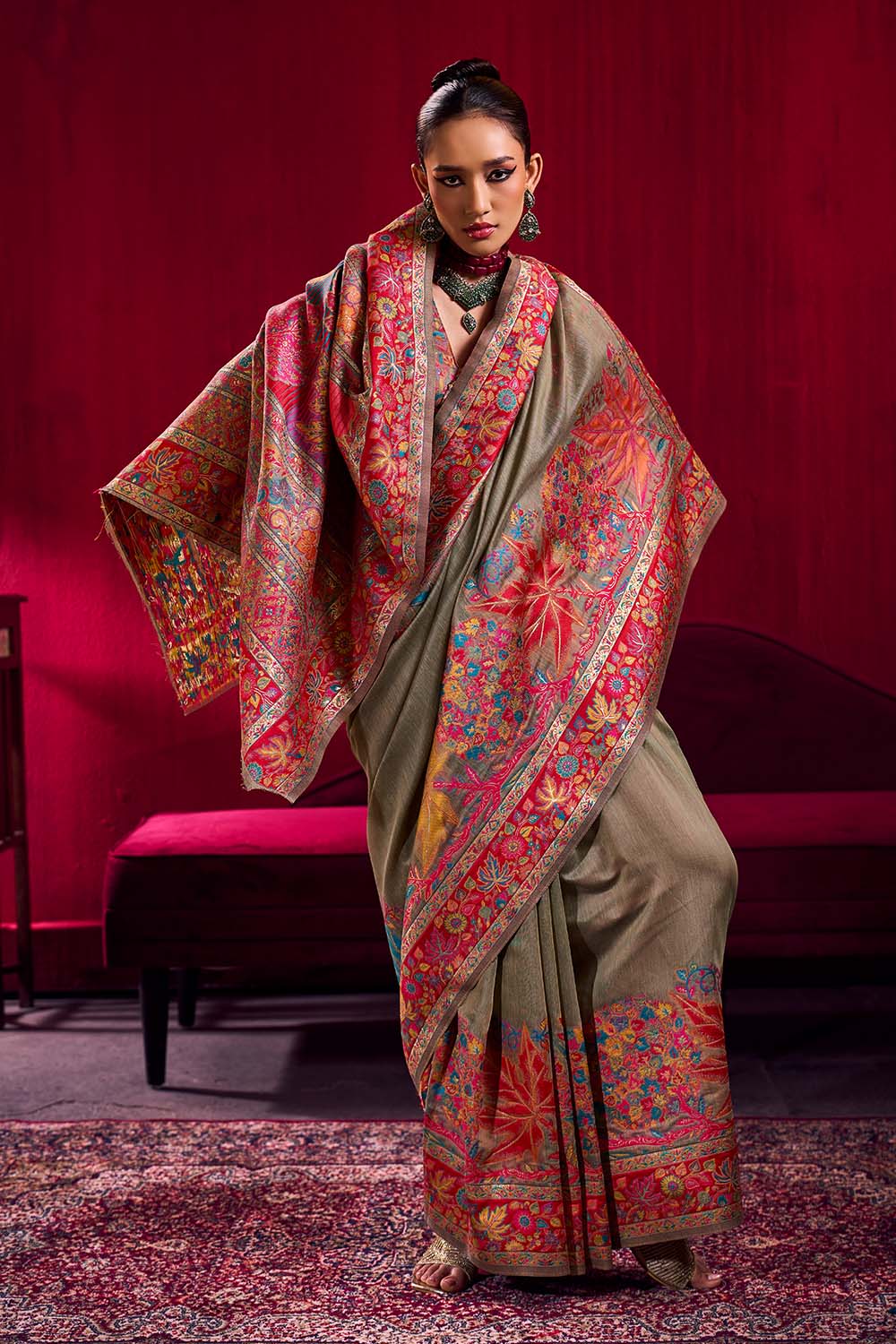 Nadine Grey Modal Cotton Pashmina Weaving Ready to Wear Saree