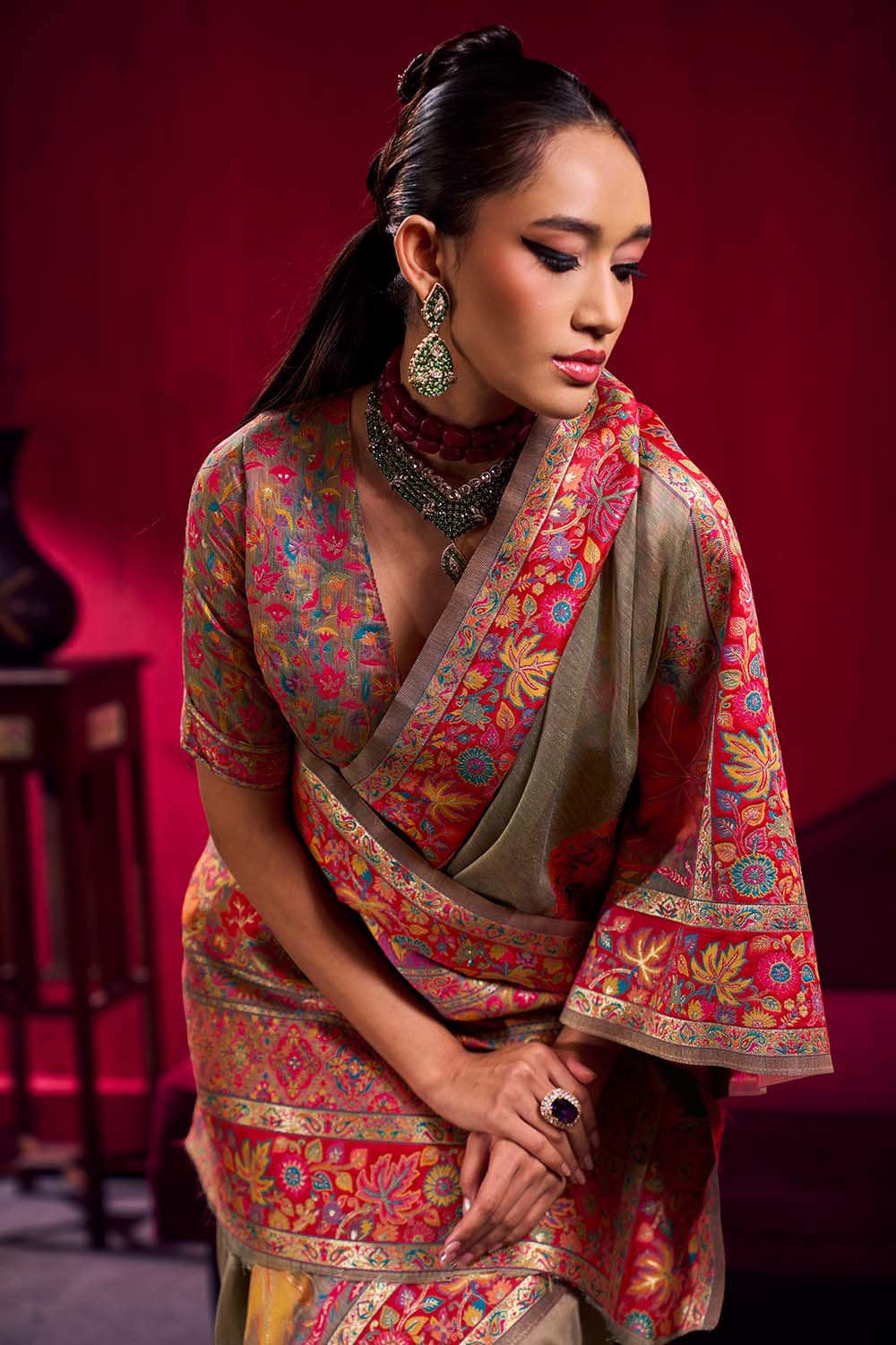 Nadine Grey Modal Cotton Pashmina Weaving Ready to Wear Saree