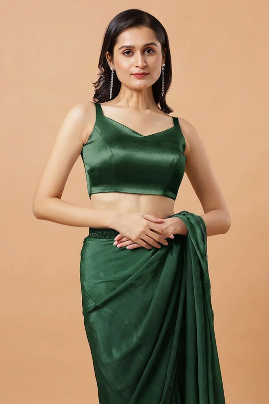 Carly Bottle Green Pentagon Neck Sleeveless Satin Comfort Stretch™ Blouse