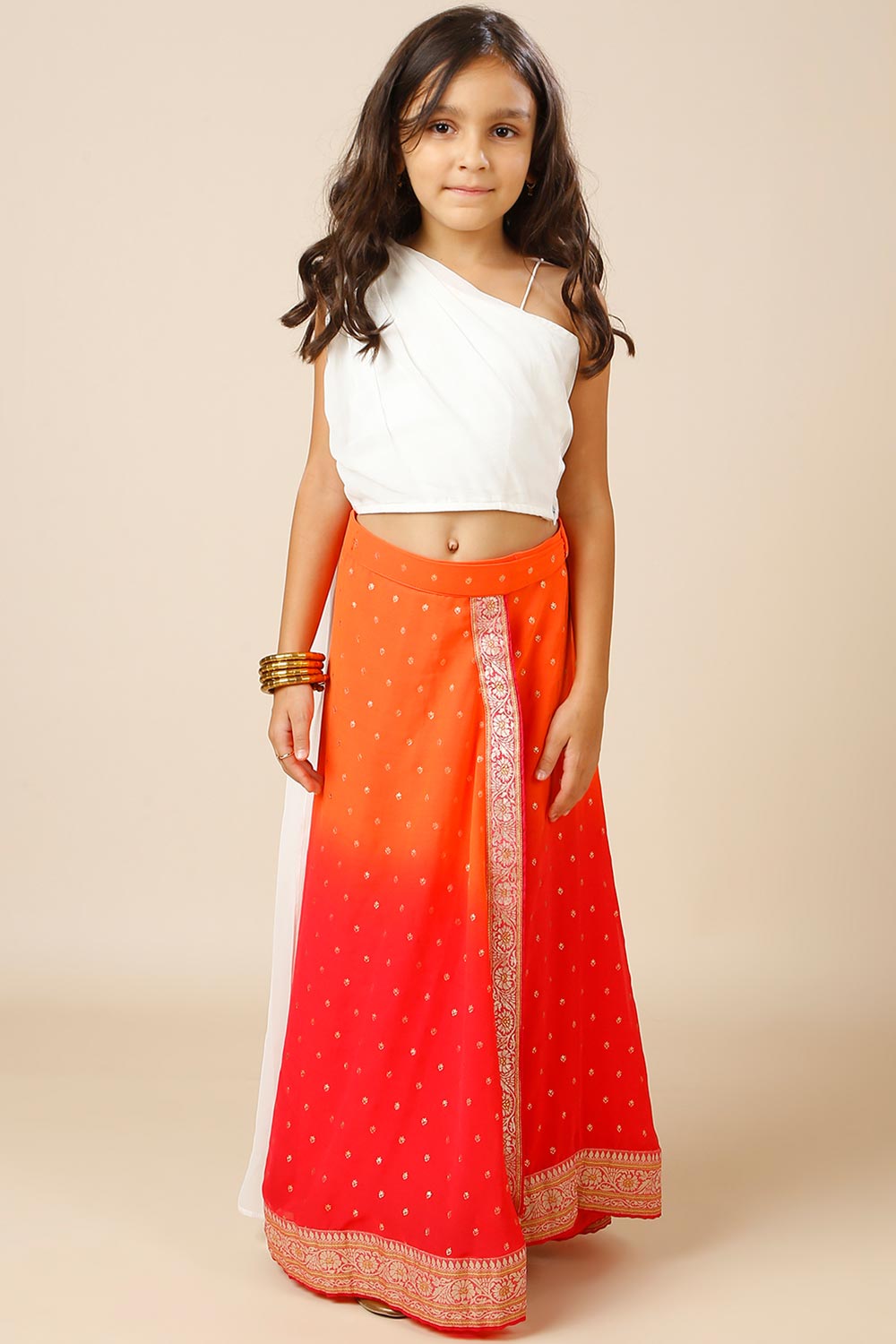 Celia Pink & Orange Georgette Wrap Around Saree Skirt for Kids & Tweens