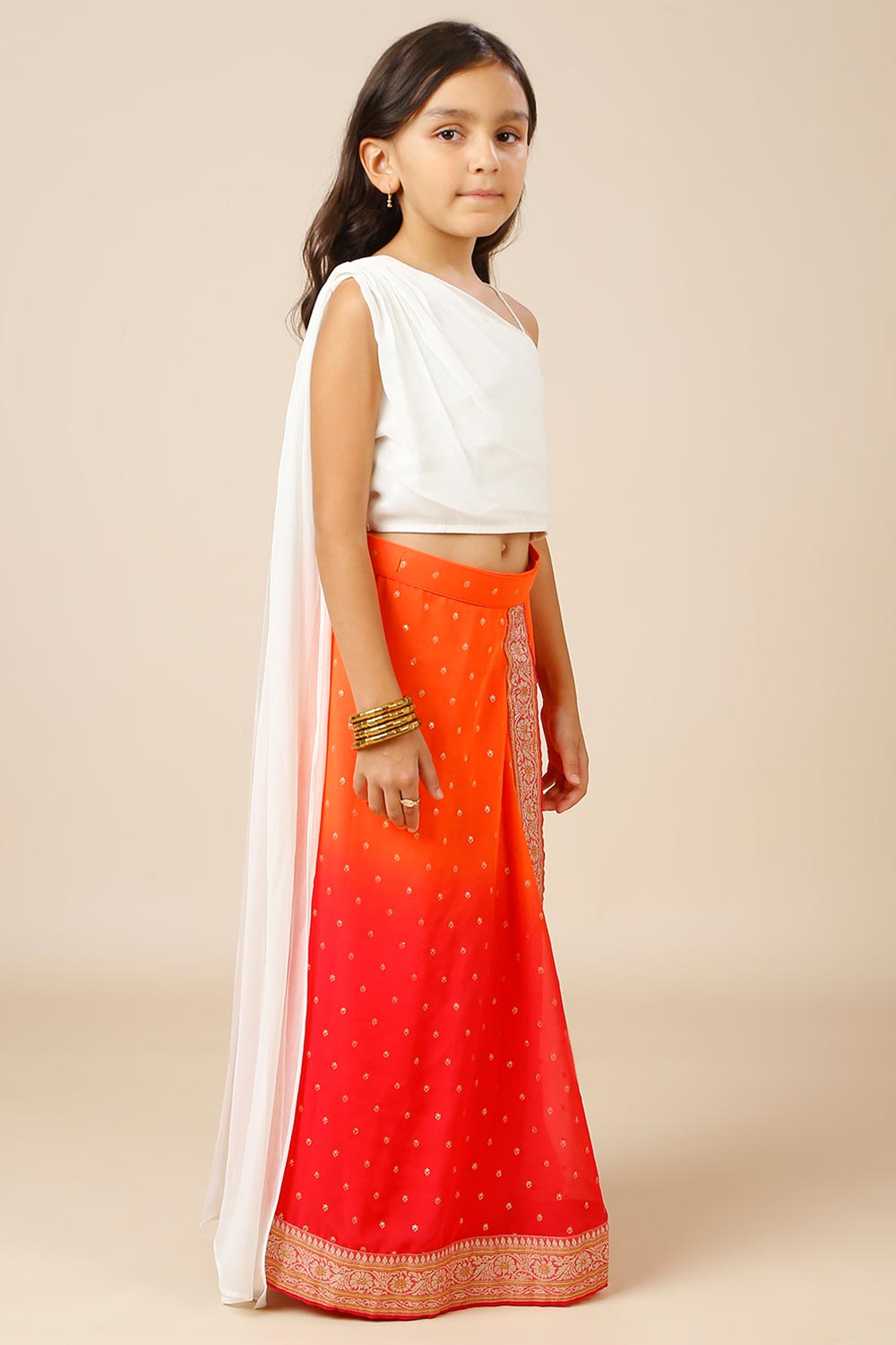 Celia Pink & Orange Georgette Wrap Around Saree Skirt for Kids & Tweens