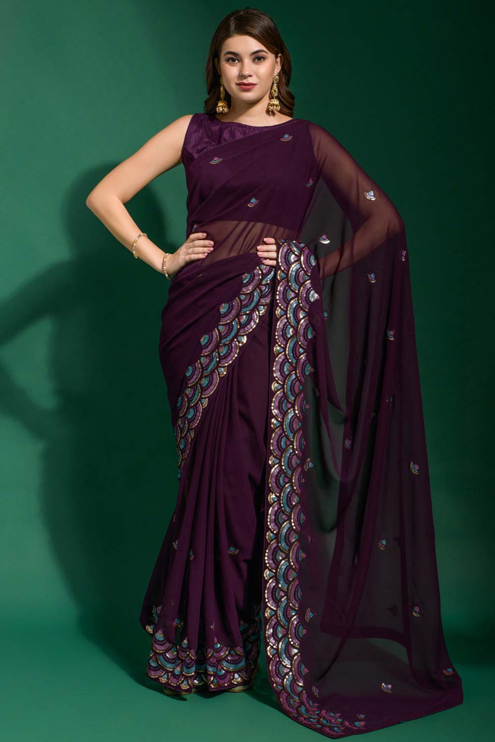 Shayla Violet Georgette Sequins One Minute Saree