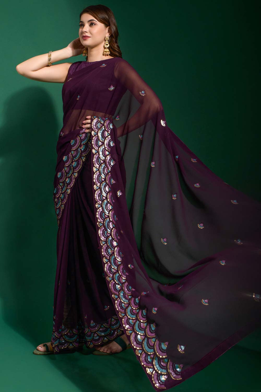 Shayla Violet Georgette Sequins One Minute Saree