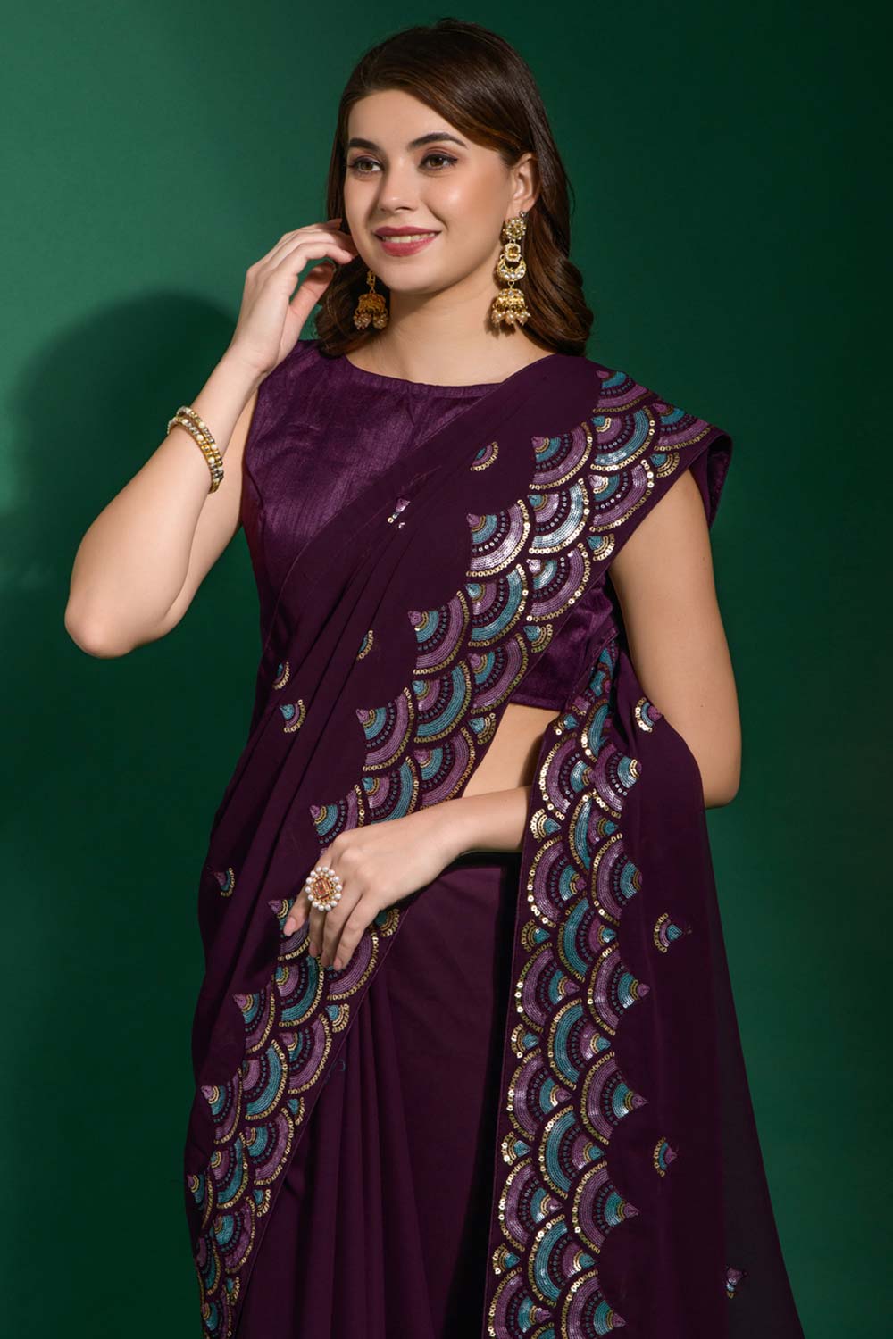 Shayla Violet Georgette Sequins One Minute Saree