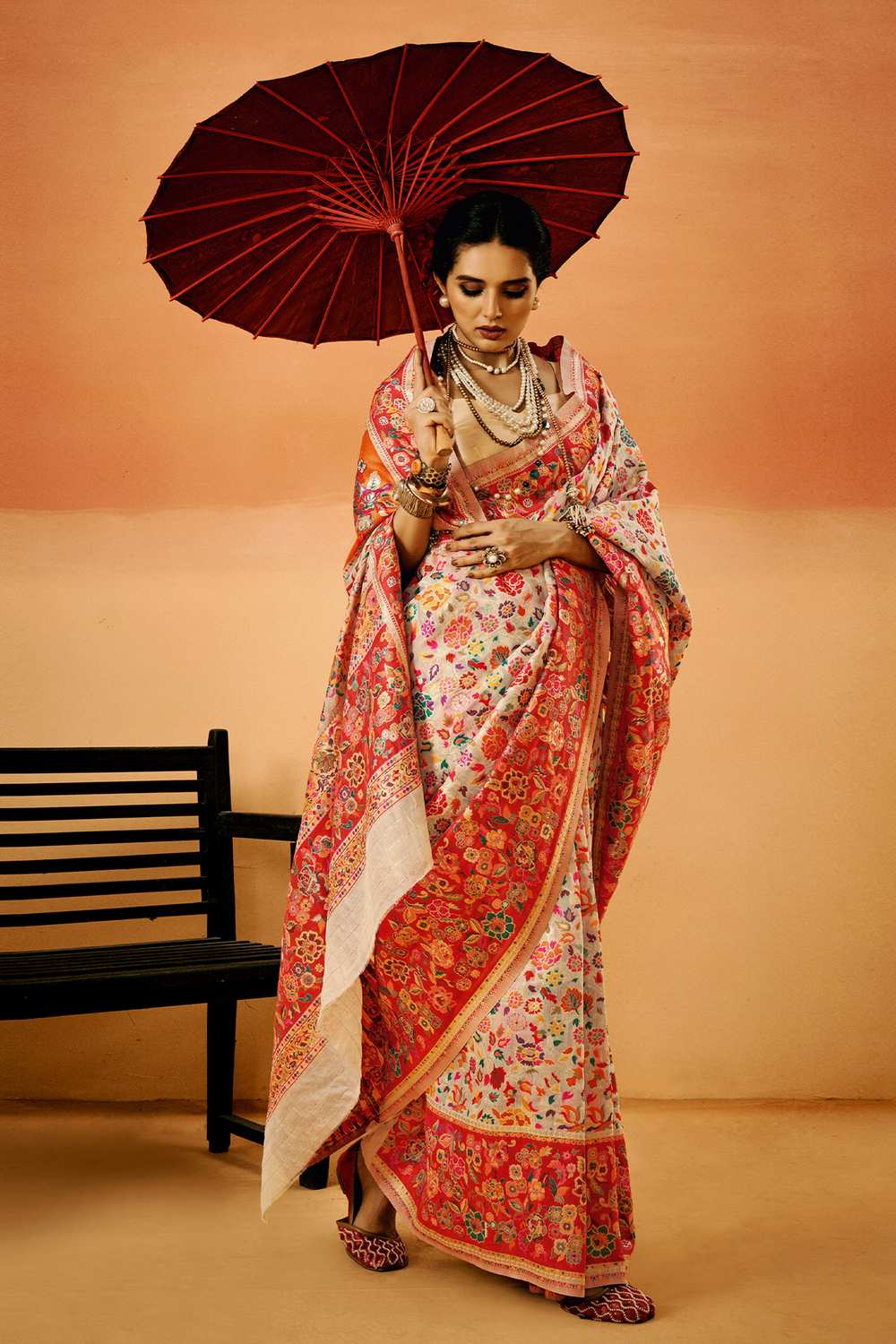 Sienna Cream Cotton Silk Floral Ready To Wear One Minute Saree