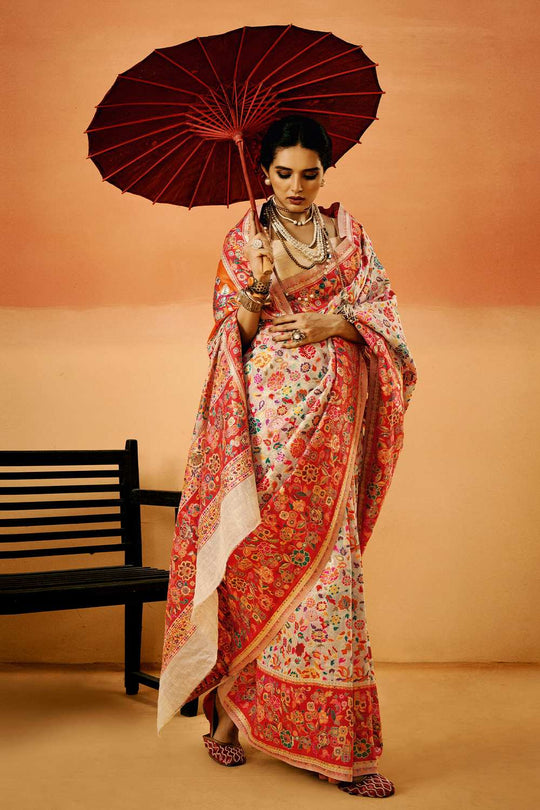 Sienna Cream Cotton Silk Floral Ready To Wear One Minute Saree
