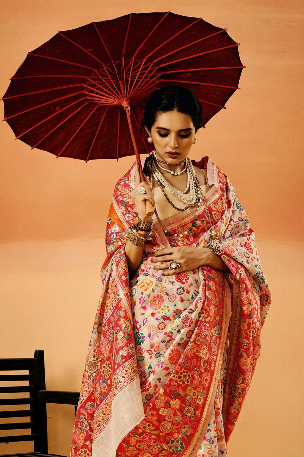 Sienna Cream Cotton Silk Floral Ready To Wear One Minute Saree