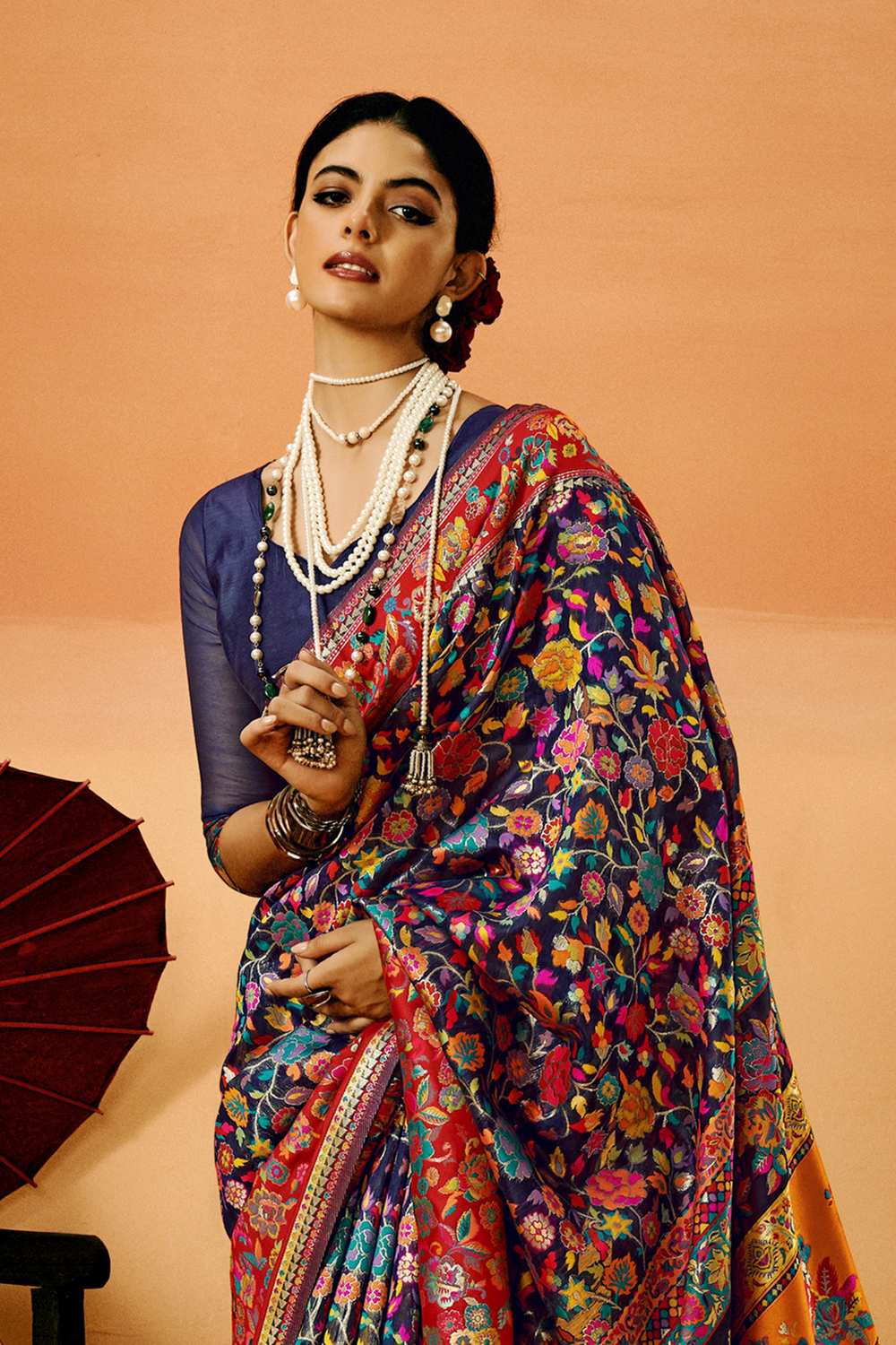 Sienna Navy Blue Cotton Silk Floral Ready To Wear One Minute Saree