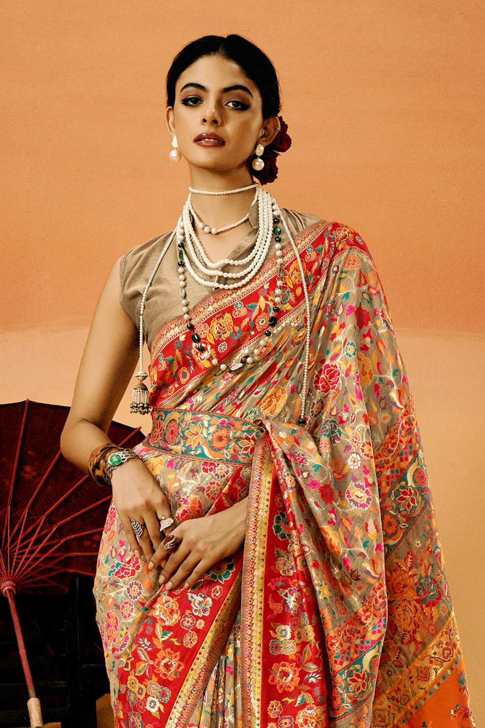Sienna Beige Cotton Silk Floral Ready To Wear One Minute Saree