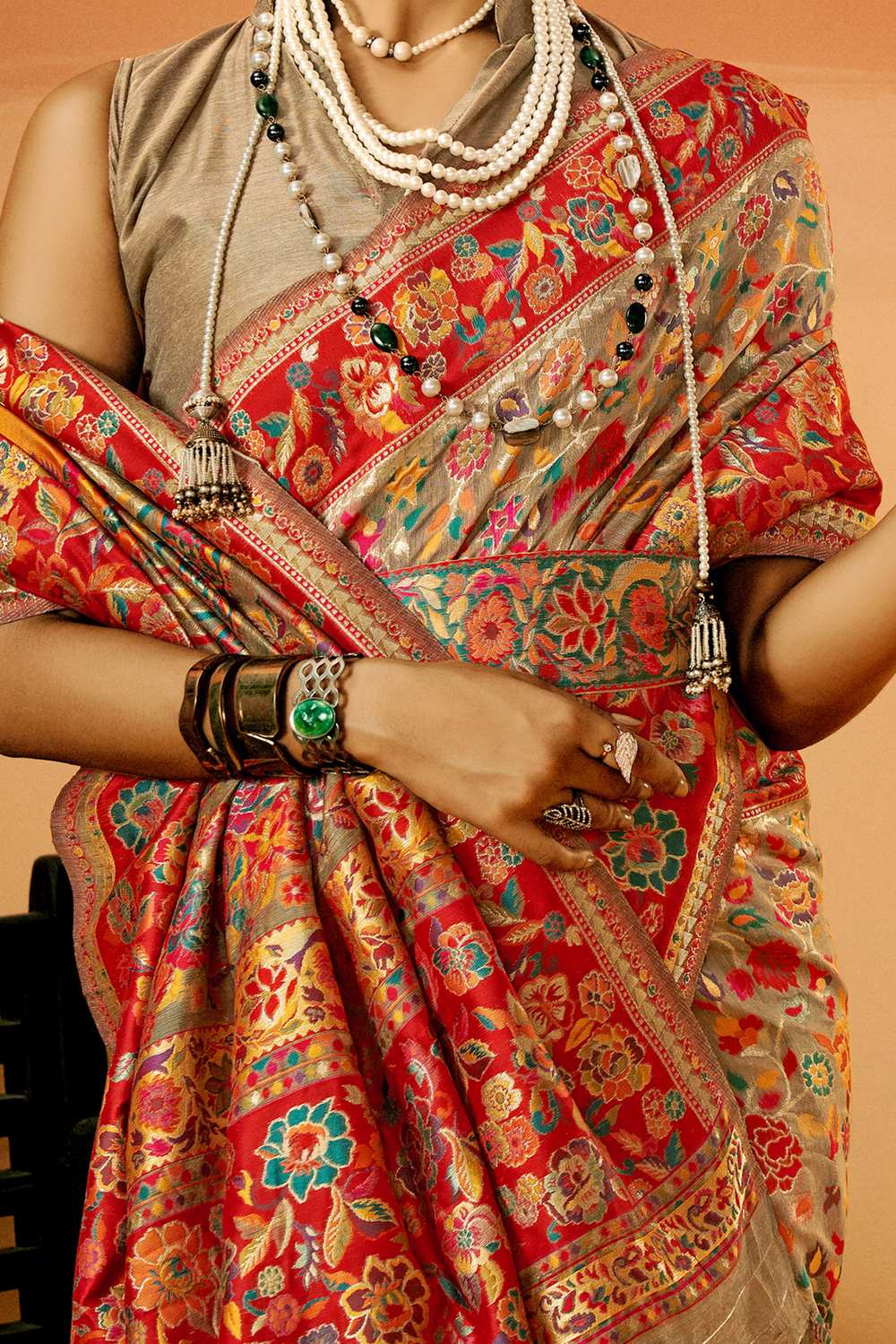 Sienna Beige Cotton Silk Floral Ready To Wear One Minute Saree