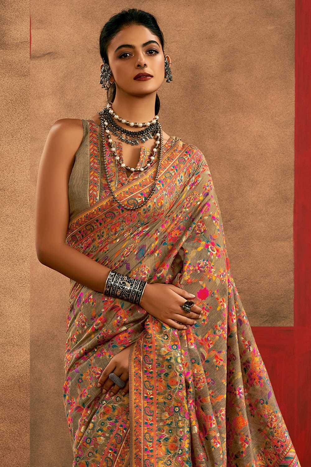 Osha Beige Silk Floral Ready To Wear One Minute Saree