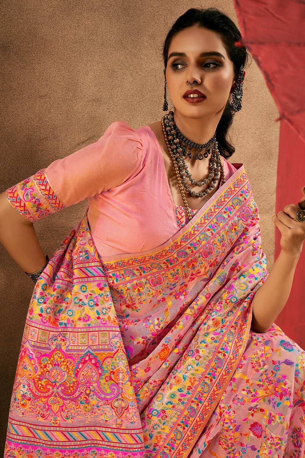 Pink Cotton Silk Floral Ready To Wear One Minute Saree