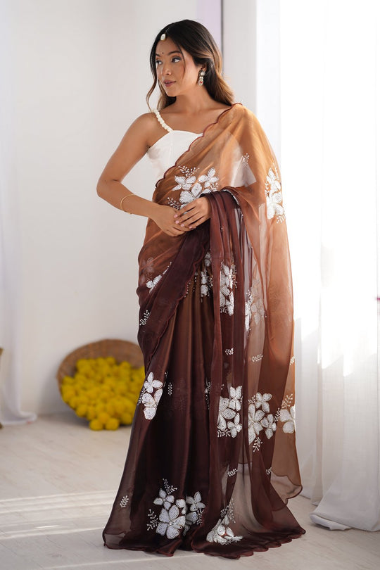 Diana Brown Chiffon saree with Floral Work Ready to Wear One Minute Saree