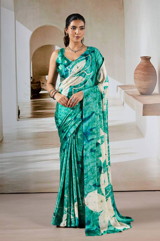 Talia Sea Green Modal Satin Printed Ready To Wear Saree