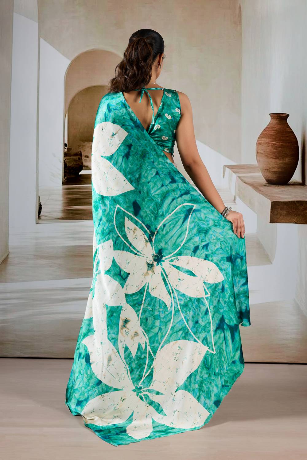 Talia Sea Green Modal Satin Printed Ready To Wear Saree