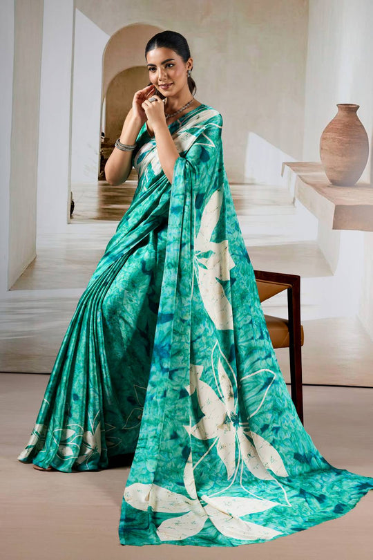 Talia Sea Green Modal Satin Printed Ready To Wear Saree