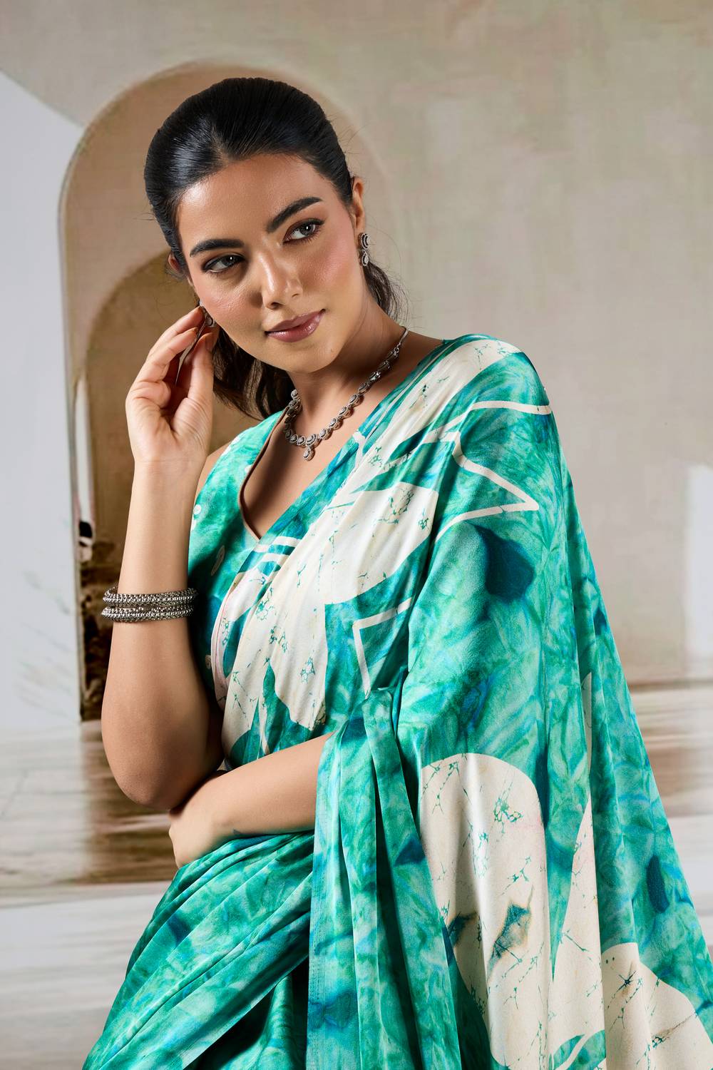 Talia Sea Green Modal Satin Printed Ready To Wear Saree