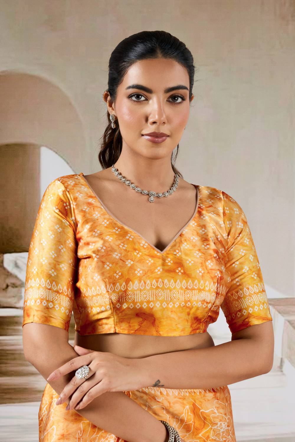 Talia Mustard Yellow Modal Satin Abstract Printed Ready to Wear Saree