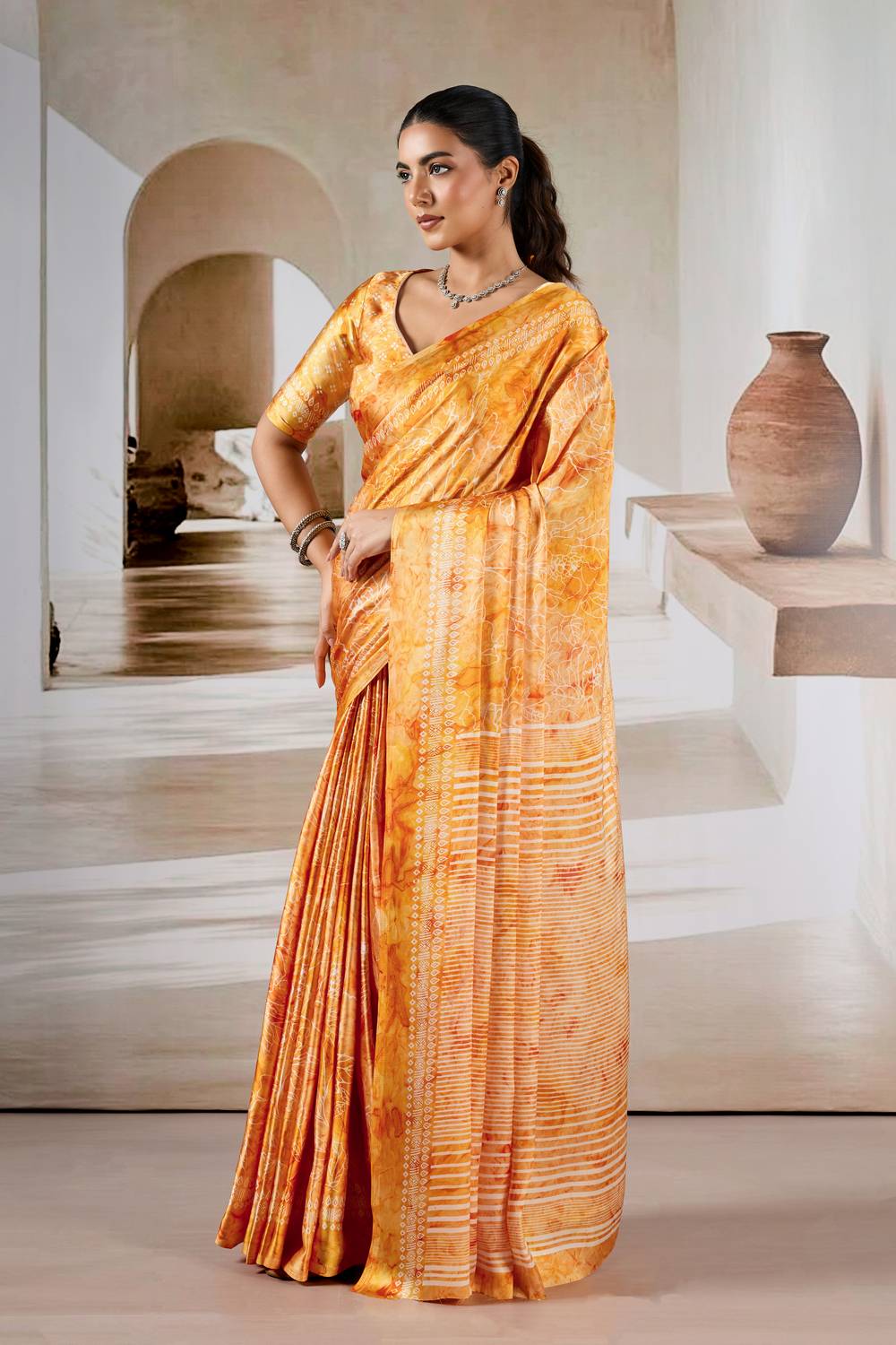 Talia Mustard Yellow Modal Satin Abstract Printed Ready to Wear Saree