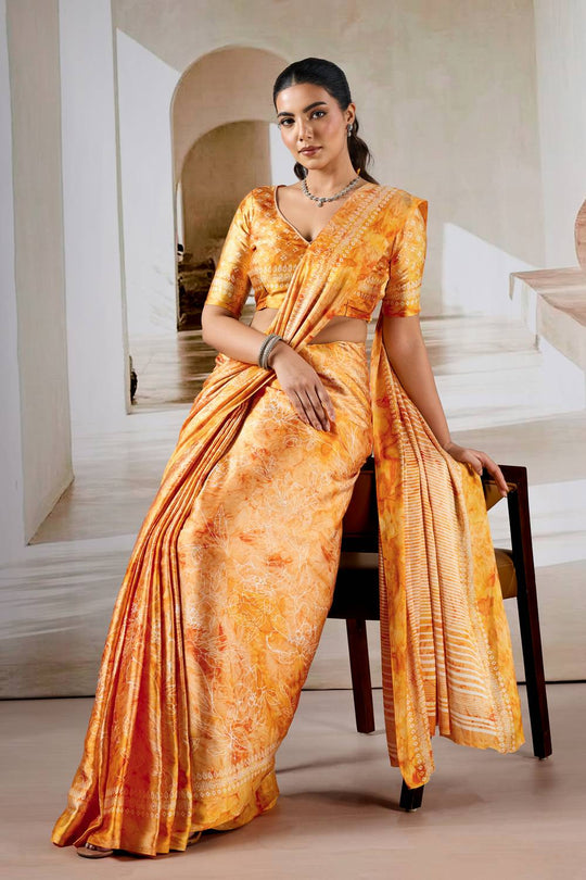 Talia Mustard Yellow Modal Satin Abstract Printed Ready to Wear Saree