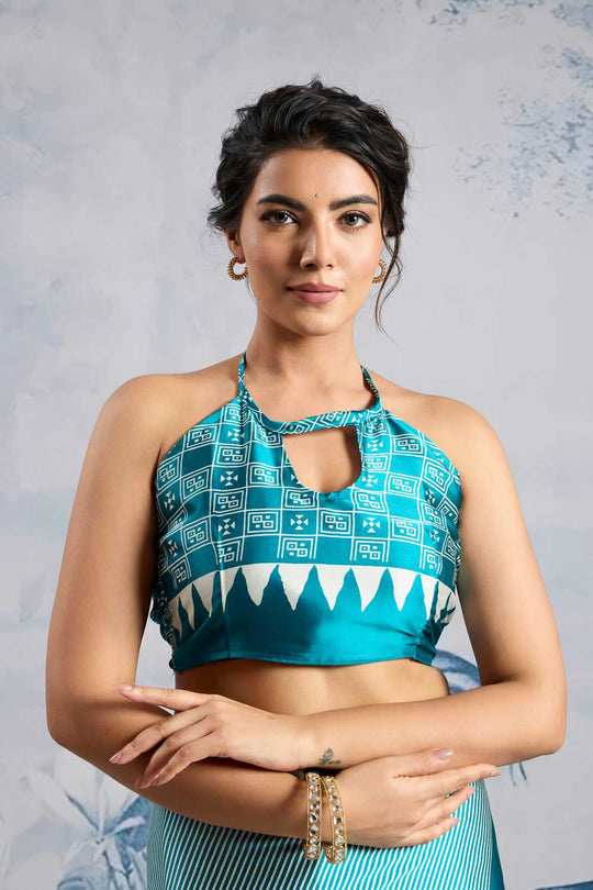 Aiko Teal Ajrakh Print Satin Ready to Wear One Minute Saree