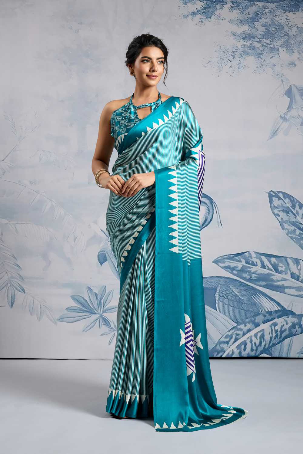 Aiko Teal Ajrakh Ajrakh Print Satin Ready to Wear One Minute Saree