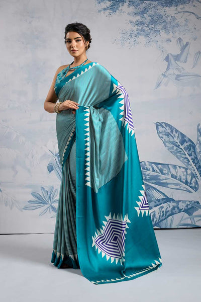 Aiko Teal Ajrakh Ajrakh Print Satin Ready to Wear One Minute Saree