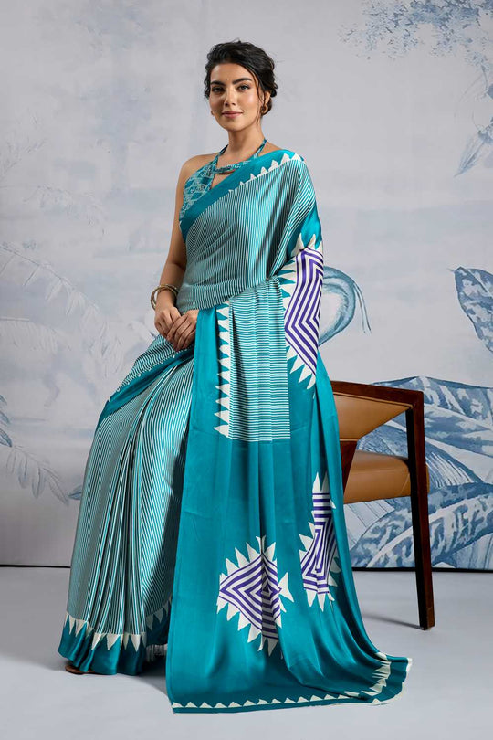 Aiko Teal Ajrakh Print Satin Ready to Wear One Minute Saree