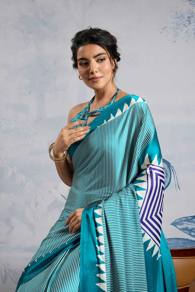 Aiko Teal Ajrakh Ajrakh Print Satin Ready to Wear One Minute Saree