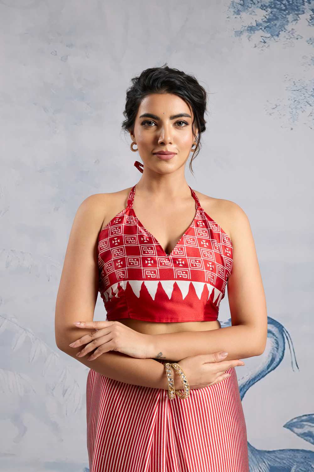 Aiko Red Ajrakh Ajrakh Print Satin Ready to Wear One Minute Saree