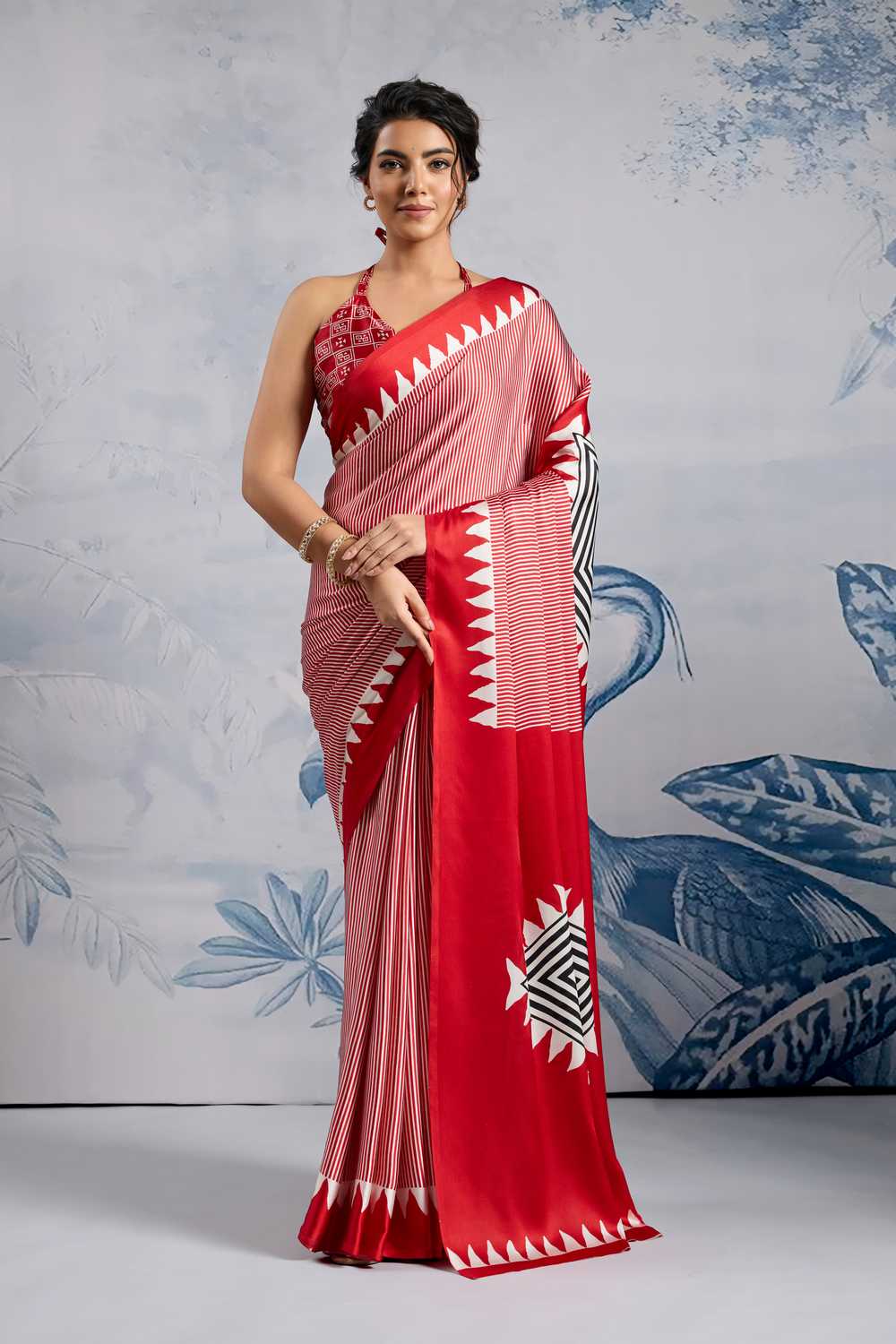 Aiko Red Ajrakh Ajrakh Print Satin Ready to Wear One Minute Saree