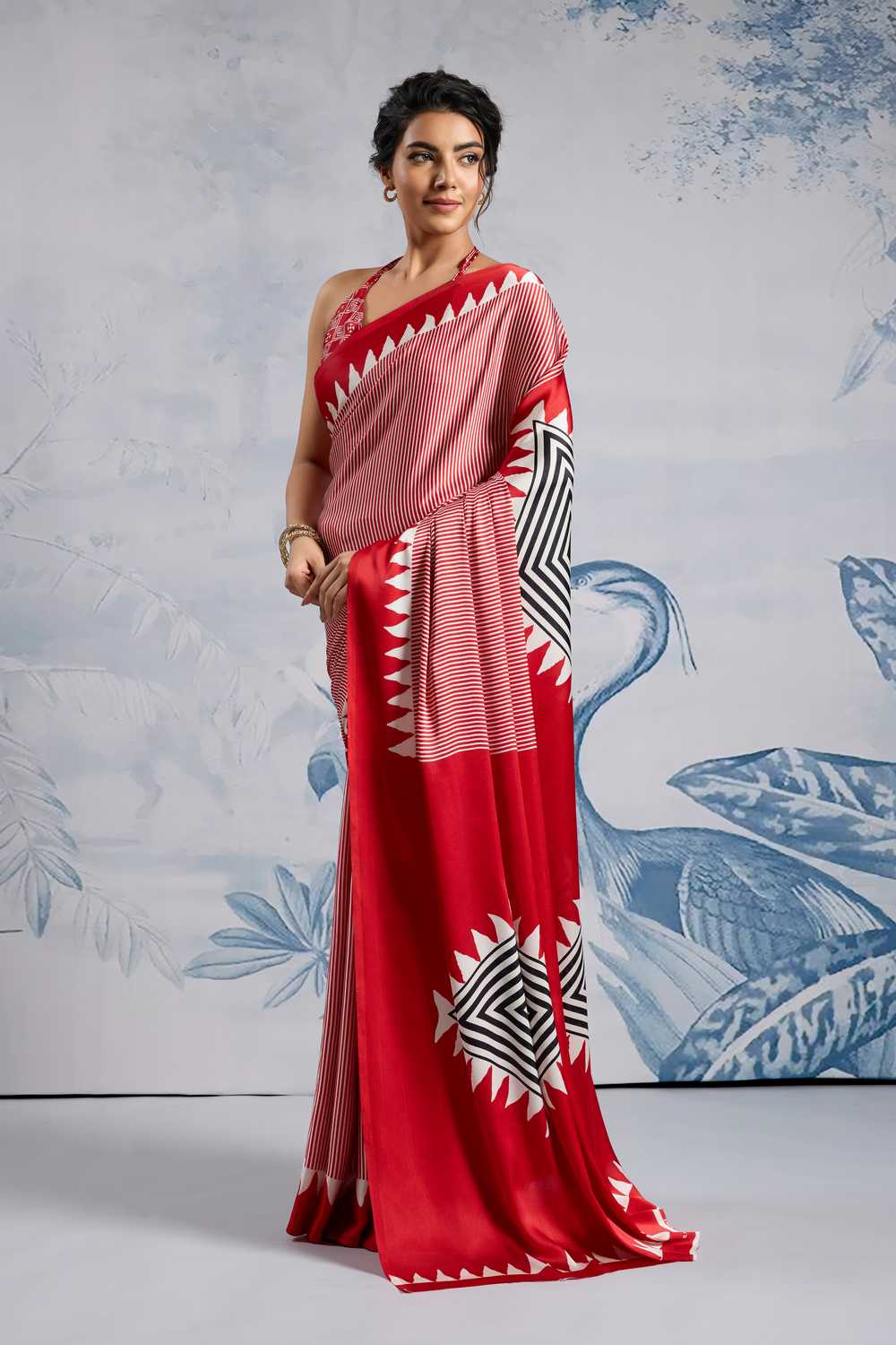 Aiko Red Ajrakh Ajrakh Print Satin Ready to Wear One Minute Saree