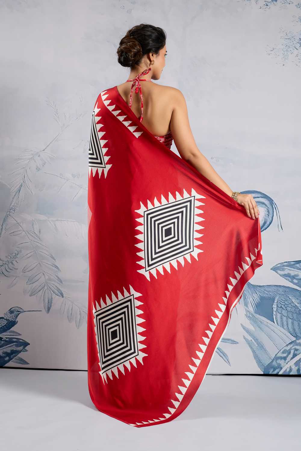 Aiko Red Ajrakh Ajrakh Print Satin Ready to Wear One Minute Saree