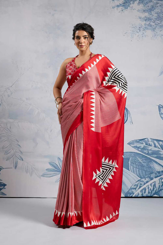 Aiko Red Ajrakh Print Satin Ready to Wear One Minute Saree
