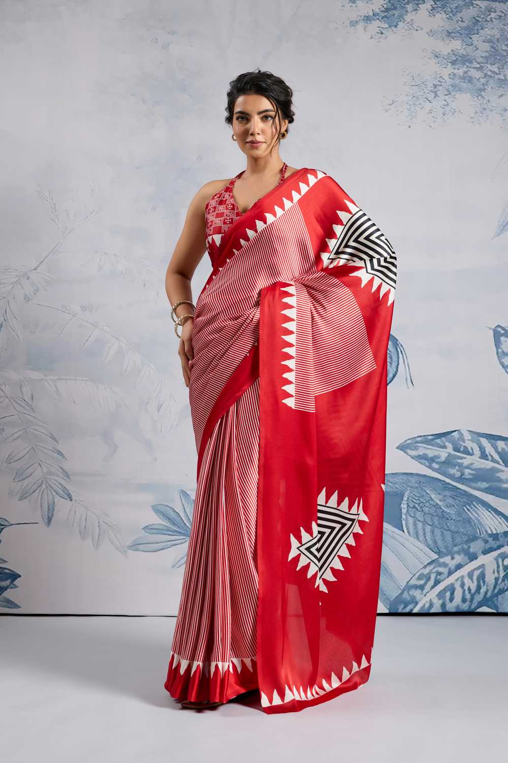 Aiko Red Ajrakh Ajrakh Print Satin Ready to Wear One Minute Saree