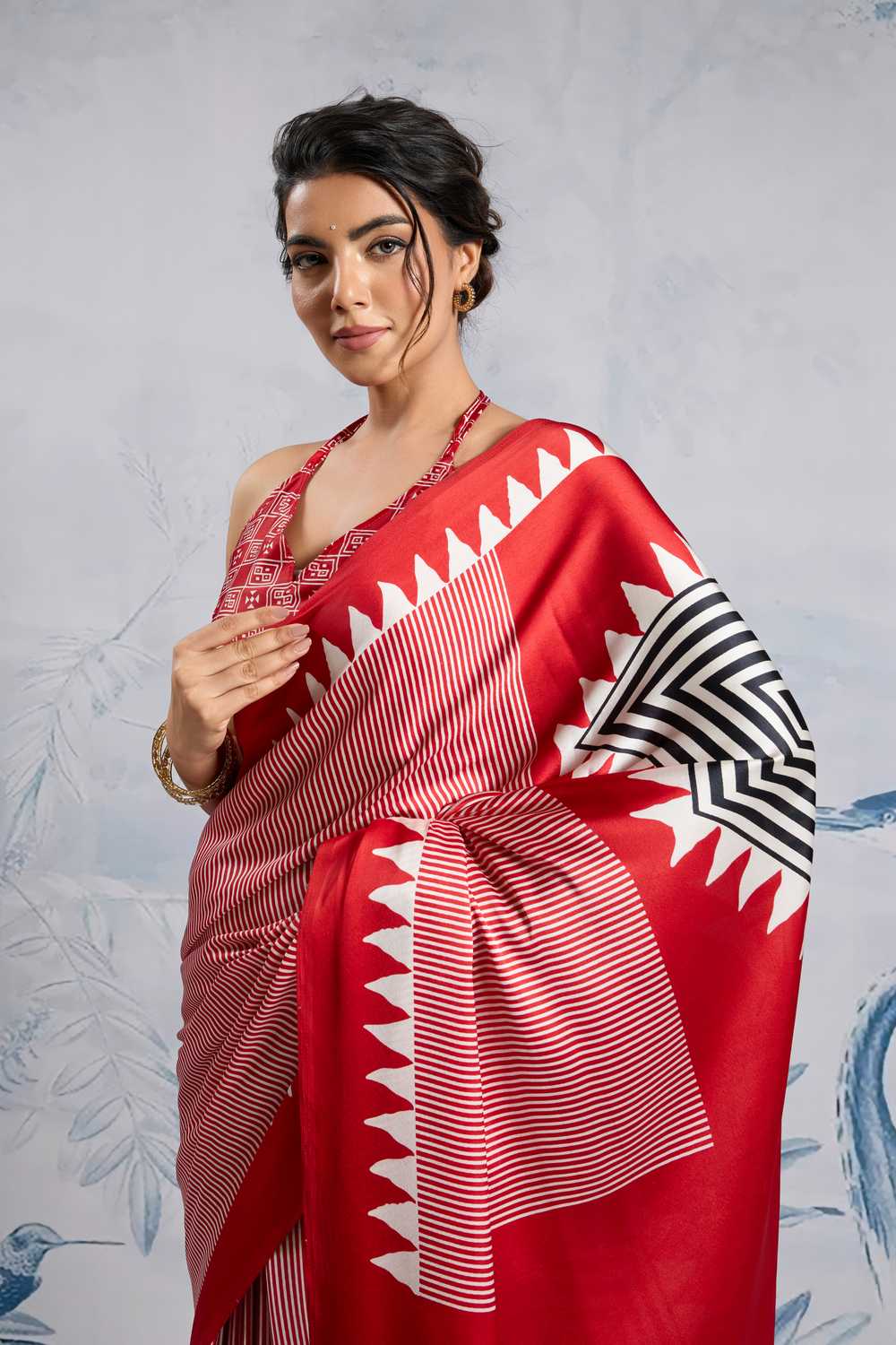 Aiko Red Ajrakh Ajrakh Print Satin Ready to Wear One Minute Saree